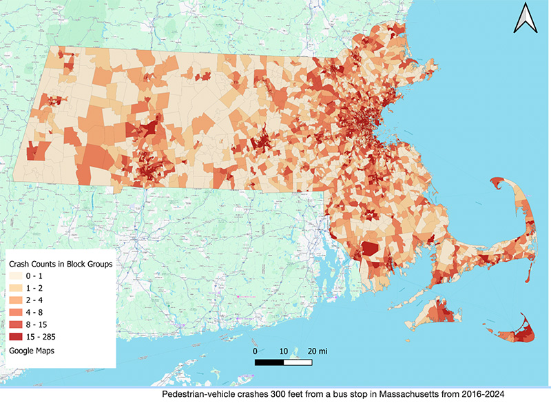 map of pedestrian crashes near bus stops